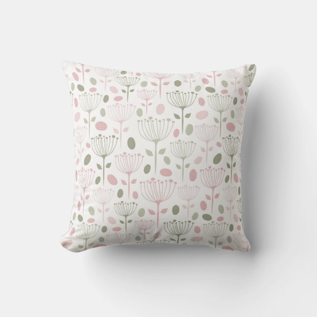 Hand Drawn Modern Blush Pink and Green Flowers Cushion (Front)