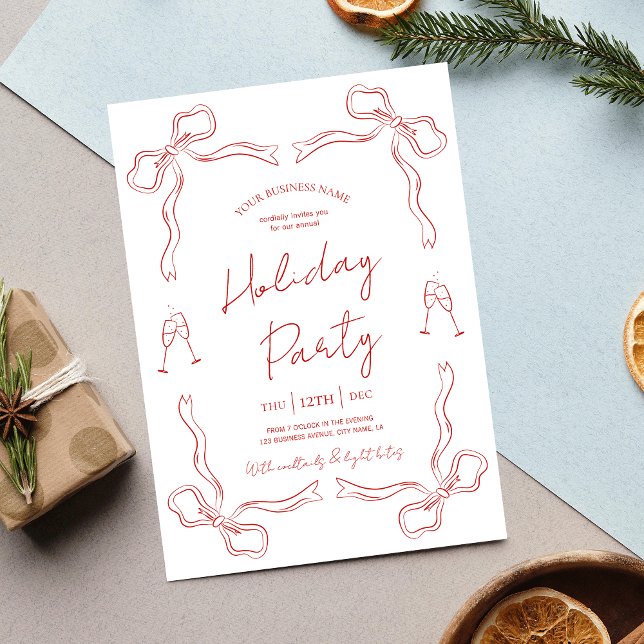 Hand Drawn Modern Red Holiday Business Staff Party Invitation (Elegant unique red & white Christmas Party Business Invitation with fully editable text & colors)