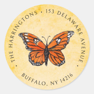 Hand-Drawn Monarch Butterfly Gold Return Address Classic Round Sticker