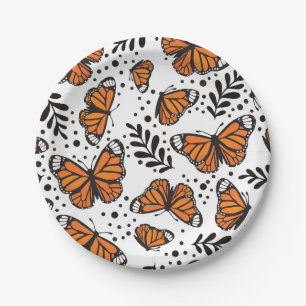 Hand-Drawn Monarch Butterfly Seamless Pattern Paper Plate