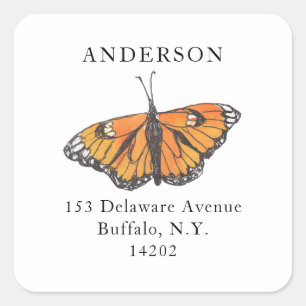Hand-Drawn Monarch Butterfly Square Return Address Sticker