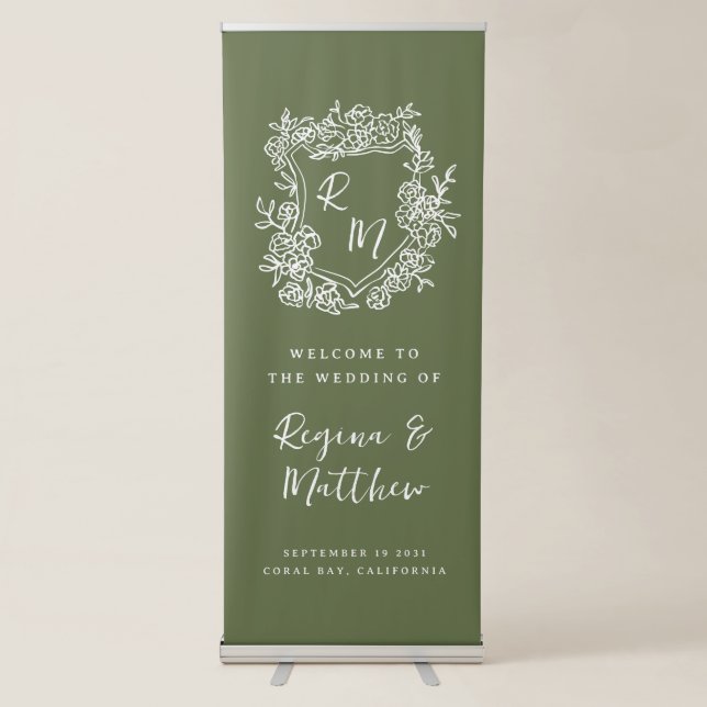 Hand Drawn Monogram Crest Green Wedding Welcome Retractable Banner (Front)