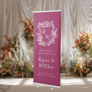 Hand Drawn Monogram Crest Purple Wedding Welcome Retractable Banner