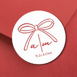Hand Drawn Monogram Red Bow Wedding Classic Round Sticker<br><div class="desc">Hand Drawn Red Bow Whimsical Wedding Monogram Classic Round Sticker. Minimalist Round Wedding Stickers. These cute and simple round wedding stickers are the perfect touch for sealing envelopes, decorating favours, or adding a personalised element to your wedding details. At the centre, a hand drawn bow is paired with the bride...</div>