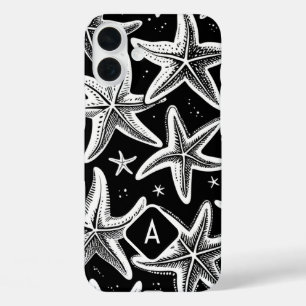 Hand-Drawn Monogramed Starfish on Black Background iPhone 16 Plus Case