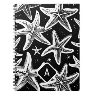 Hand-Drawn Monogramed Starfish on Black Background Notebook