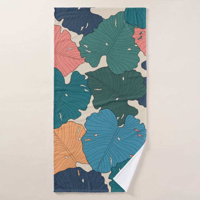 Hand drawn monstera leaves of orange,  pink,  blue bath towel (Bath Towel)