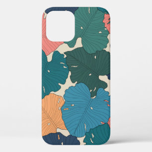 Hand drawn monstera leaves of orange, pink, blue iPhone 12 case