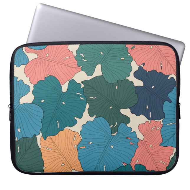 Hand drawn monstera leaves of orange,  pink,  blue laptop sleeve (Front)