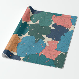 Hand drawn monstera leaves of orange, pink, blue wrapping paper