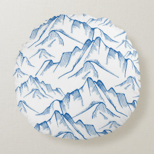 Hand-Drawn Mountain Landscape Pattern. Round Cushion