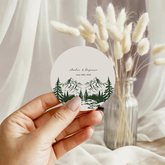 Hand Drawn Mountain Summer Wedding Classic Round Sticker (Creator Uploaded)