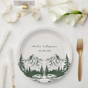 Hand Drawn Mountain Summer Wedding Paper Plate