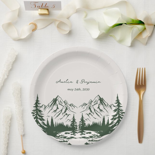 Hand Drawn Mountain Summer Wedding Paper Plate (Wedding)