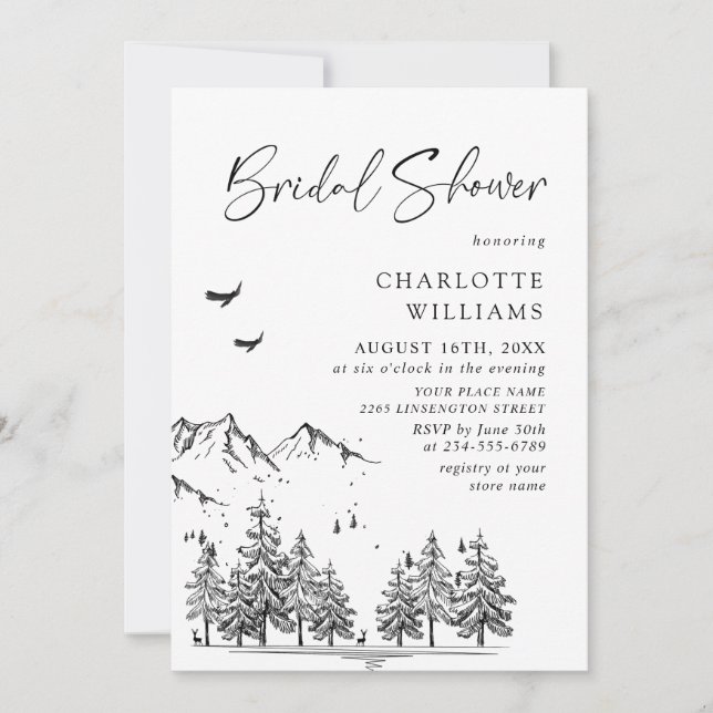 Hand Drawn Mountains Forest Bridal Shower Invitation (Front)