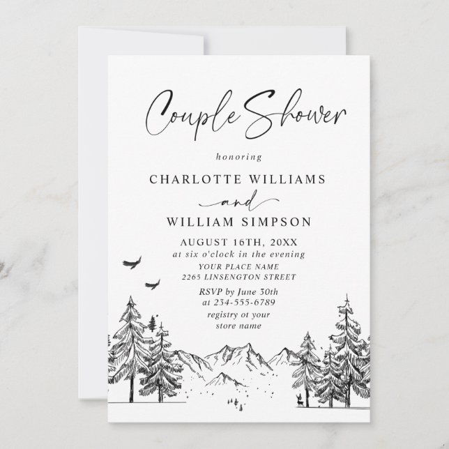 Hand Drawn Mountains Forest Couple Shower Invitation (Front)