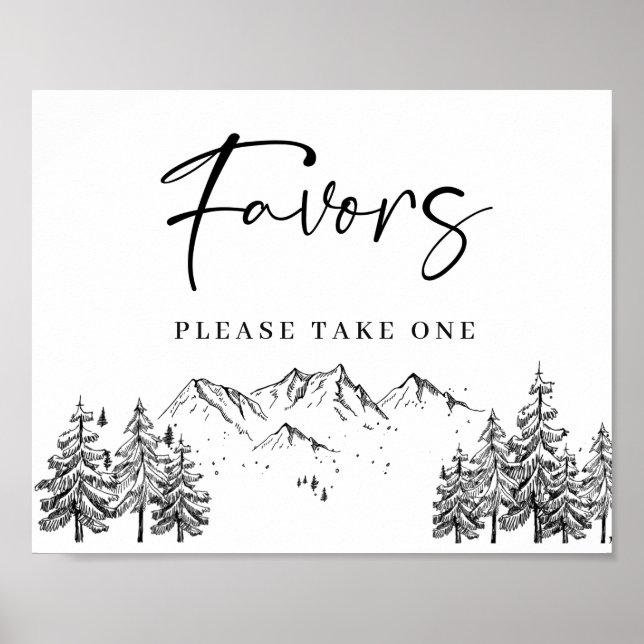 Hand Drawn Mountains Forest Favours Wedding Sign (Front)