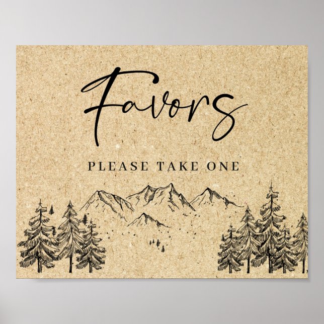 Hand Drawn Mountains Forest Favours Wedding Sign (Front)