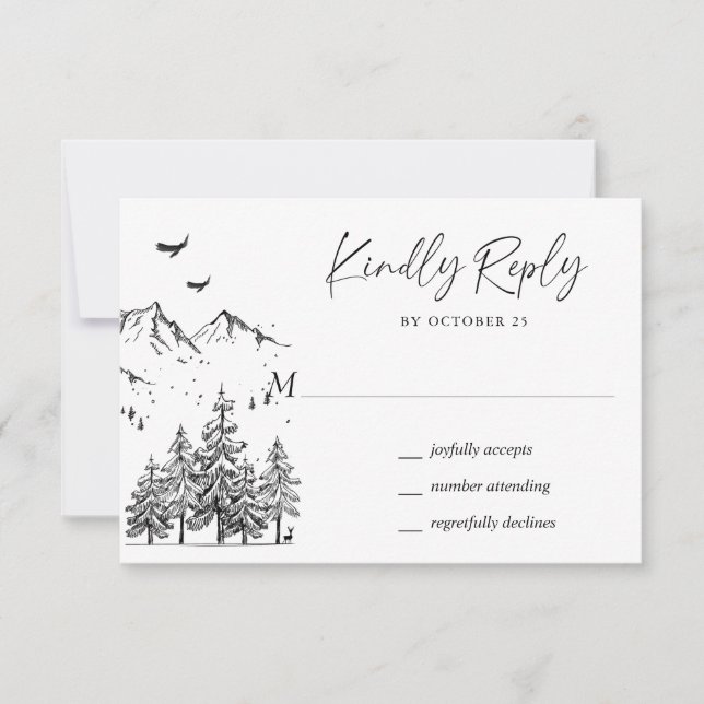 Hand Drawn Mountains Forest Forest Wedding RSVP Card (Front)