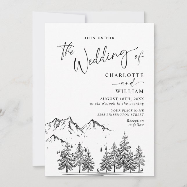 Hand Drawn Mountains Forest Wedding Invitation (Front)