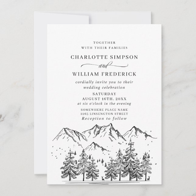 Hand Drawn Mountains Forest Wedding Invitation (Front)