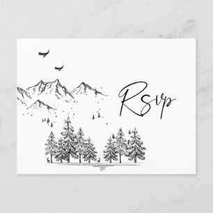 Hand Drawn Mountains Forest Wedding RSVP Postcard