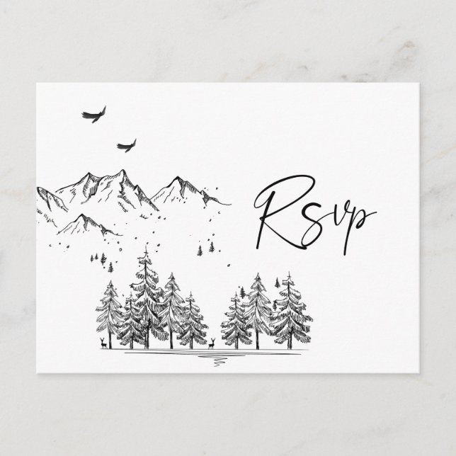 Hand Drawn Mountains Forest Wedding RSVP Postcard (Front)