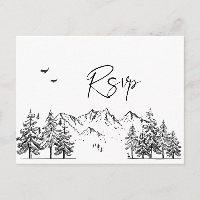 Hand Drawn Mountains Forest Wedding RSVP Postcard (Front)