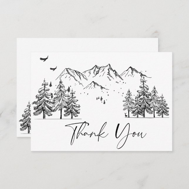 Hand Drawn Mountains Forest Wedding Thank You Card (Front/Back)