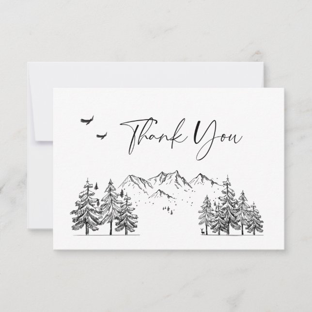 Hand Drawn Mountains Forest Wedding Thank You Card (Front)