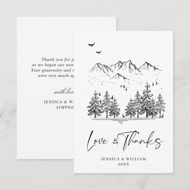 Hand Drawn Mountains Forest Wedding Thank You Card (Front/Back)