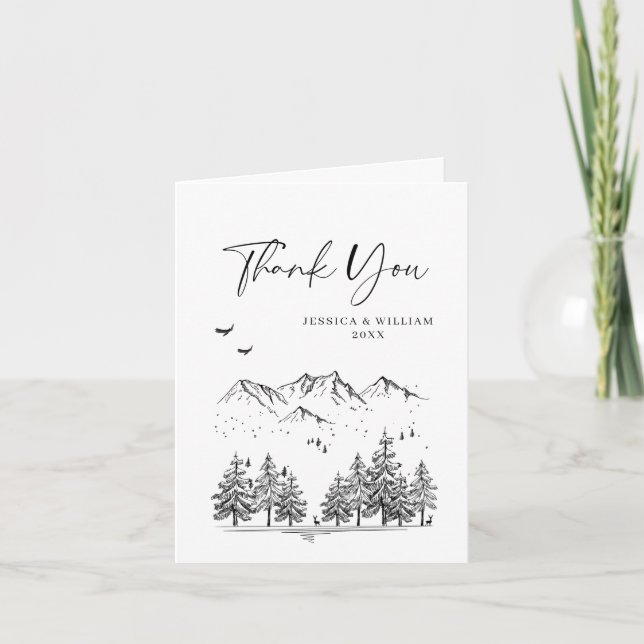 Hand Drawn Mountains Forest Wedding Thank You Card (Front)