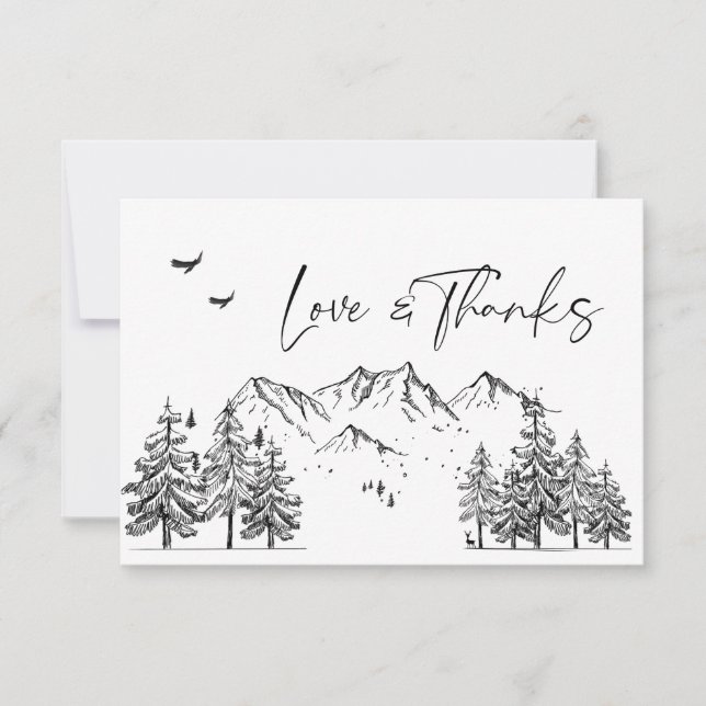 Hand Drawn Mountains Forest Wedding Thank You Card (Front)