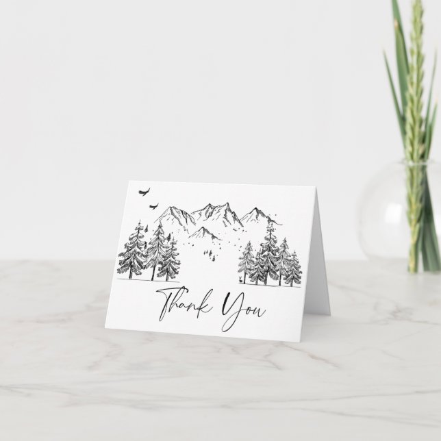 Hand Drawn Mountains Forest Wedding Thank You Card (Front)