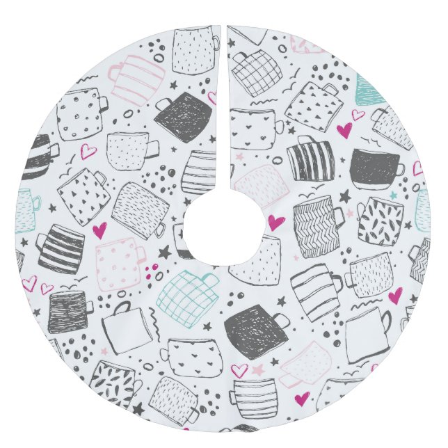 Hand-drawn mug pattern, seamless design. brushed polyester tree skirt (Front)