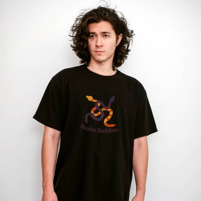 Hand drawn multicoloured funny snakes design T-Shirt (Young man wearing a black t-shirt with two artistic snakes.)