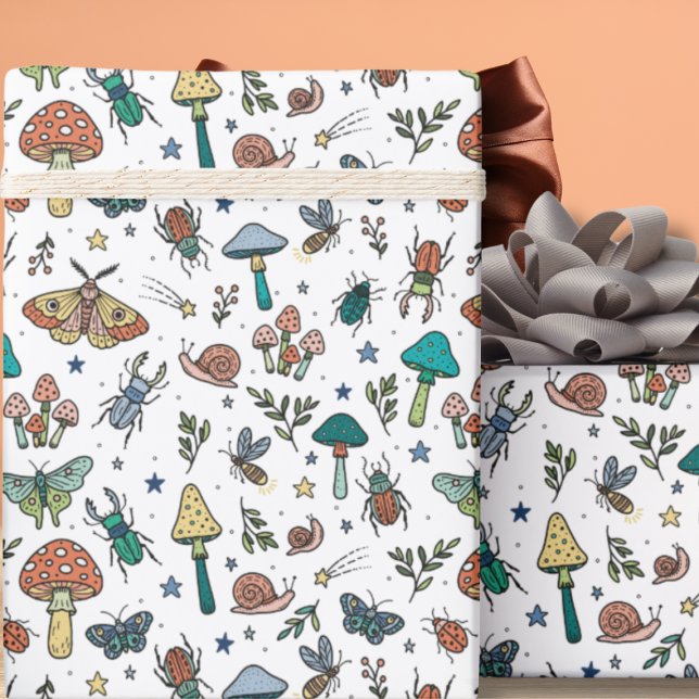 Hand Drawn Mushrooms and Bugs | Night Forest  Wrapping Paper (Creator Uploaded)