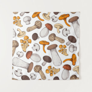 Hand-drawn mushrooms: food background. tapestry