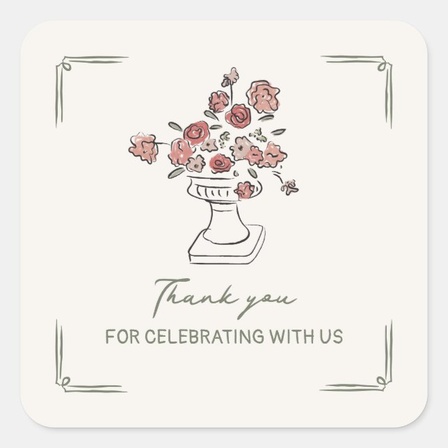Hand Drawn Muted Red Sage Floral Urn Bridal Shower Square Sticker (Front)