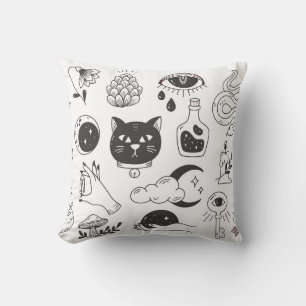 hand drawn mystical tattoo doodle, vintage badge d cushion