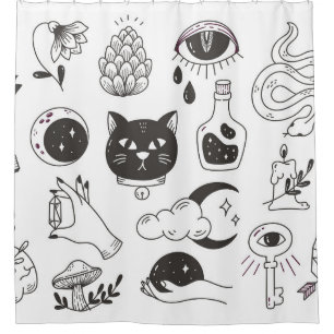 hand drawn mystical tattoo doodle, vintage badge d shower curtain