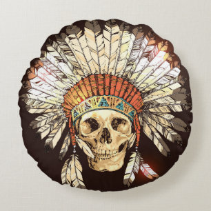 Hand Drawn Native American Indian Headdress With H Round Cushion