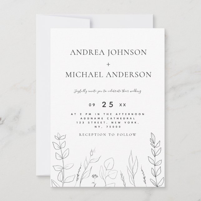 Hand Drawn Nature Greenery Line Art Black & White Invitation (Front)