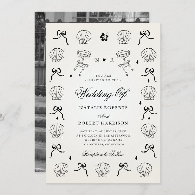 Hand Drawn Nautical Coastal Seashell Shell Wedding Invitation (Front/Back)