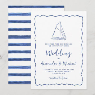 Hand Drawn Nautical Sailboat Navy Blue Wedding Invitation
