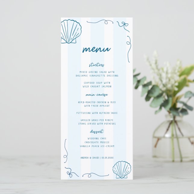 Hand Drawn Nautical Seashell Coastal Wedding Menu (Standing Front)
