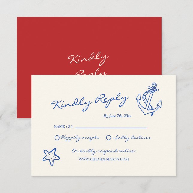Hand Drawn Nautical Wedding RSVP Enclosure Card (Front/Back)