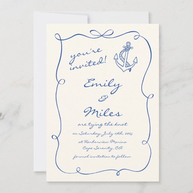 Hand Drawn Nautical Wedding Save The Date Invitation (Front)