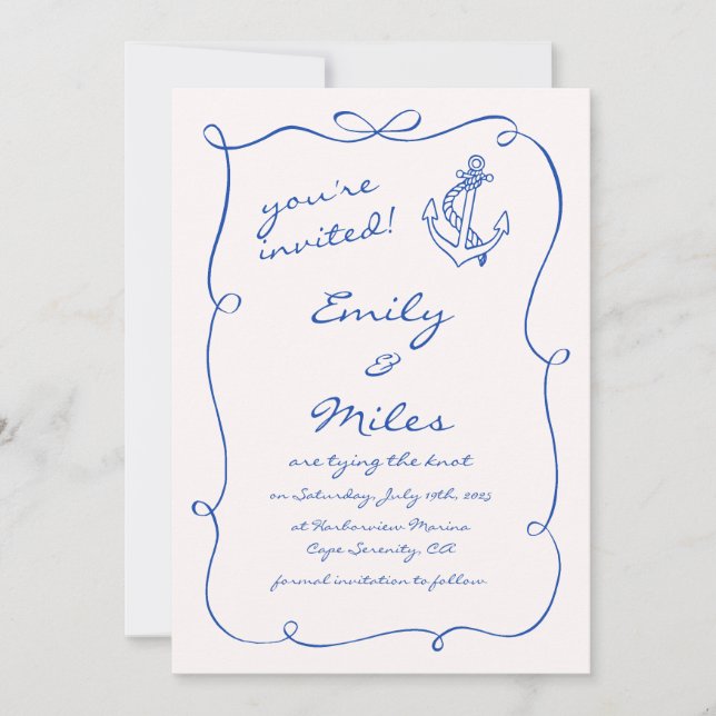 Hand Drawn Nautical Wedding Save The Date Invitation (Front)