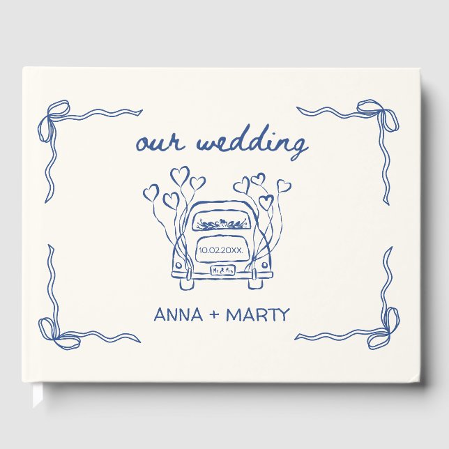 Hand-drawn Navy Retro Bows Wedding Car Unique Guest Book (Front)